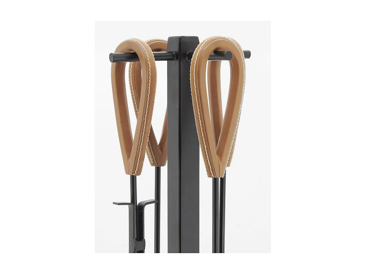Valet de cheminée 4 accessoires en métal et cuir