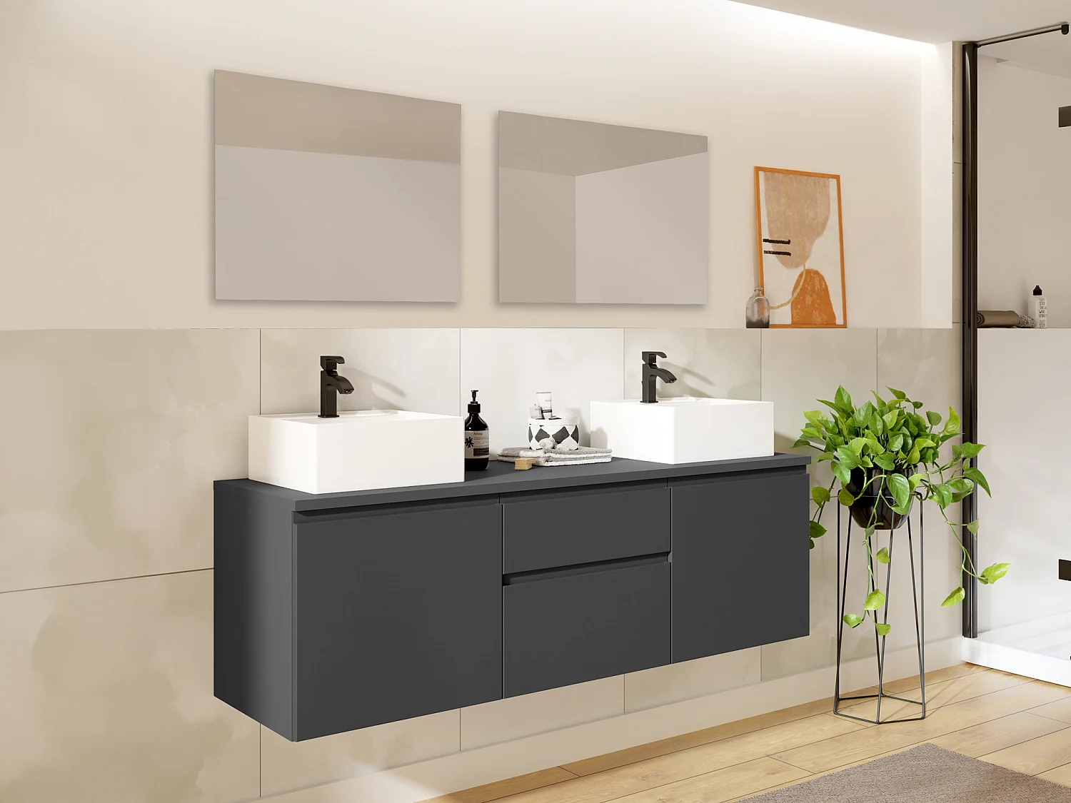 Meuble de salle de bain suspendu avec double vasque et miroirs - Gris - 150 cm - JIMENA II