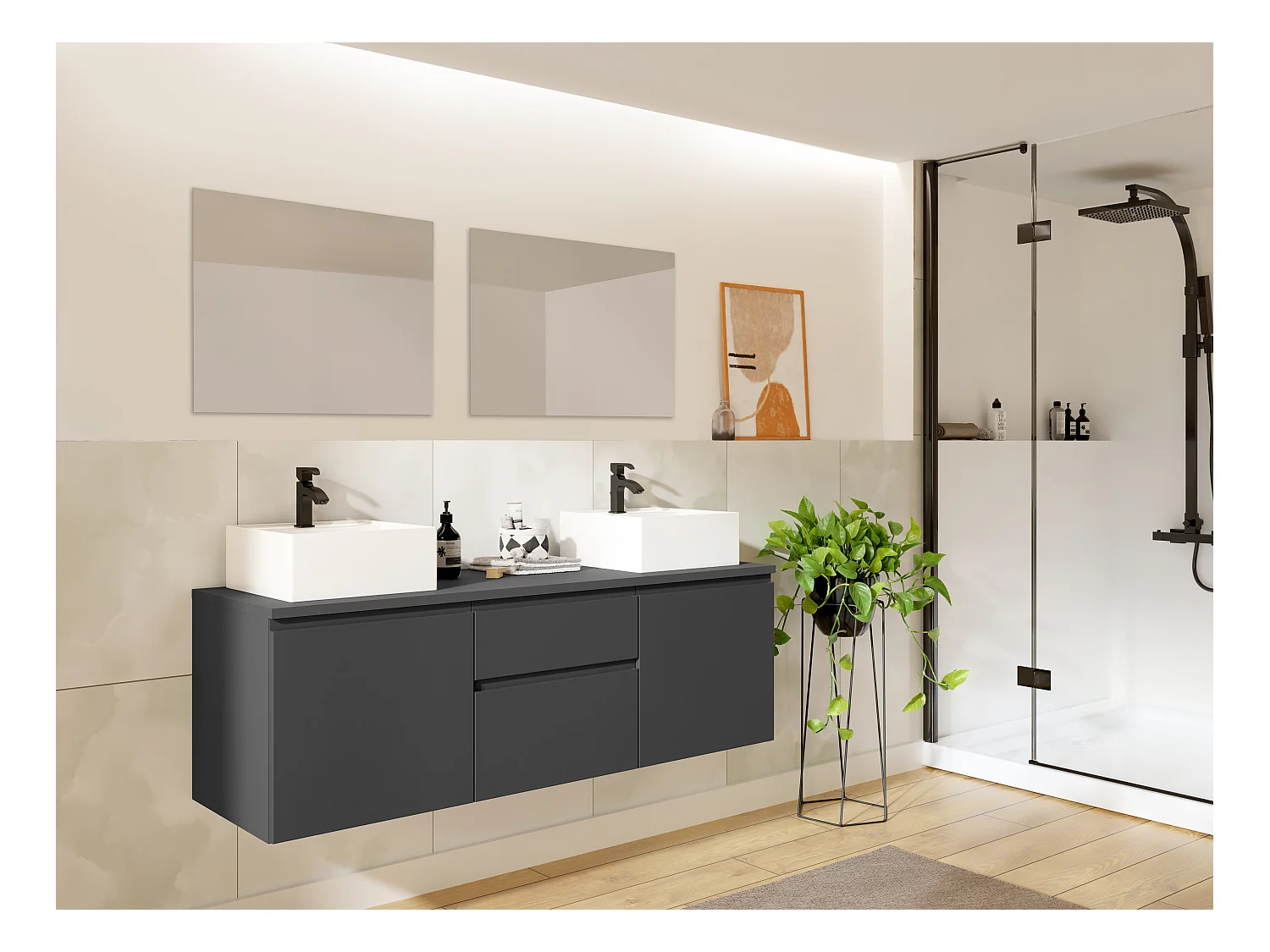 Meuble de salle de bain suspendu avec double vasque et miroirs - Gris - 150 cm - JIMENA II