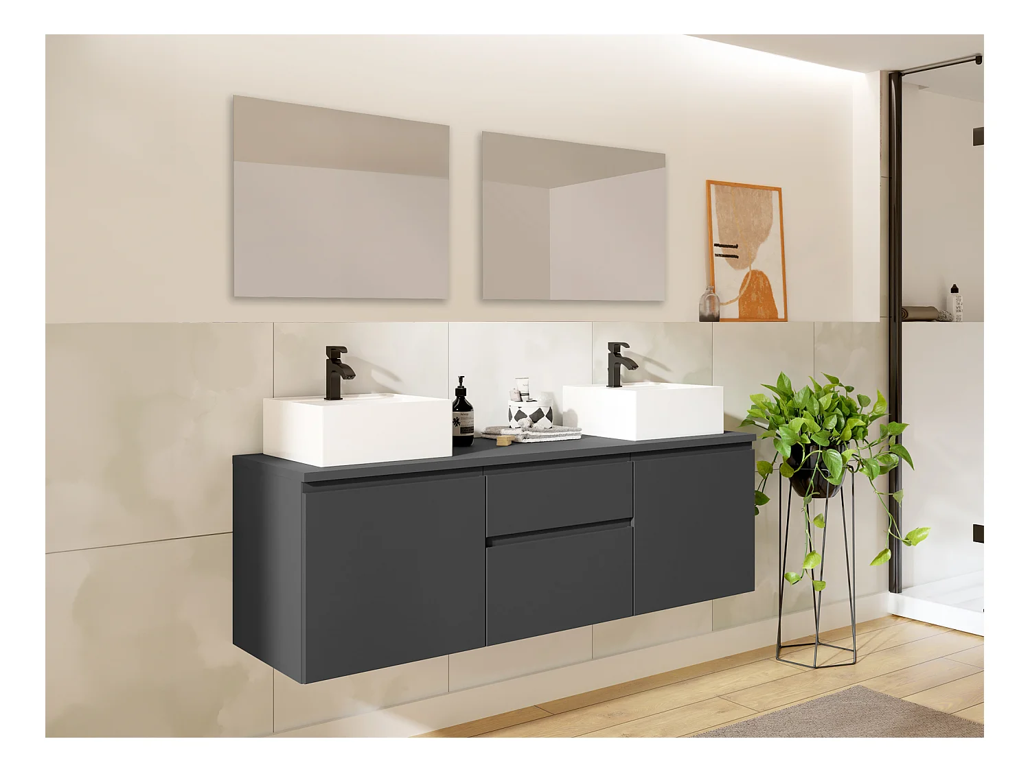 Mueble de baño suspendido con doble lavabo y espejos - Gris - 150 cm - JIMENA II