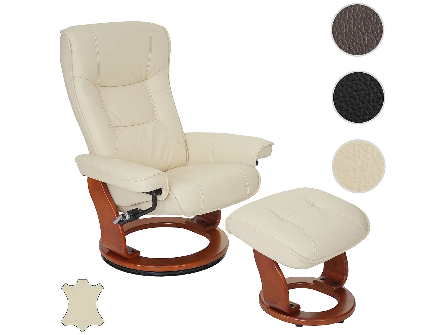 MCA fauteuil relax Hamilton, fauteuil de télévision, tabouret, cuir, charge 130kg - crème, doré