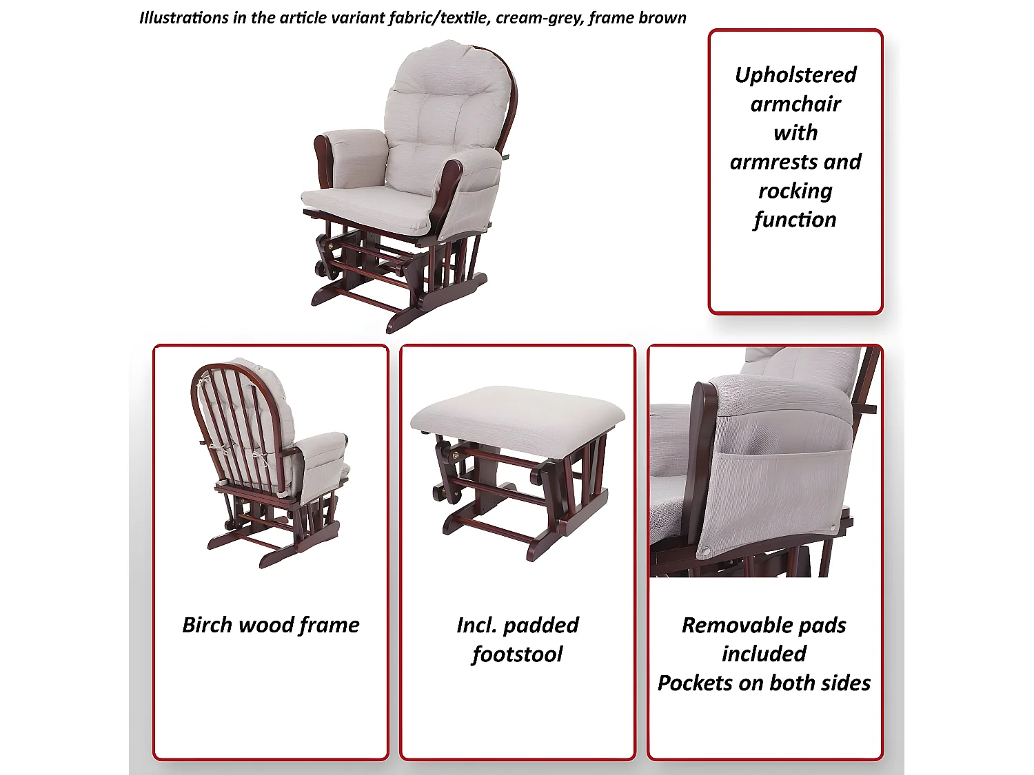 Fauteuil relax HWC-C76 fauteuil à bascule, rocking-chair, tissu - gris clair, monture blanche