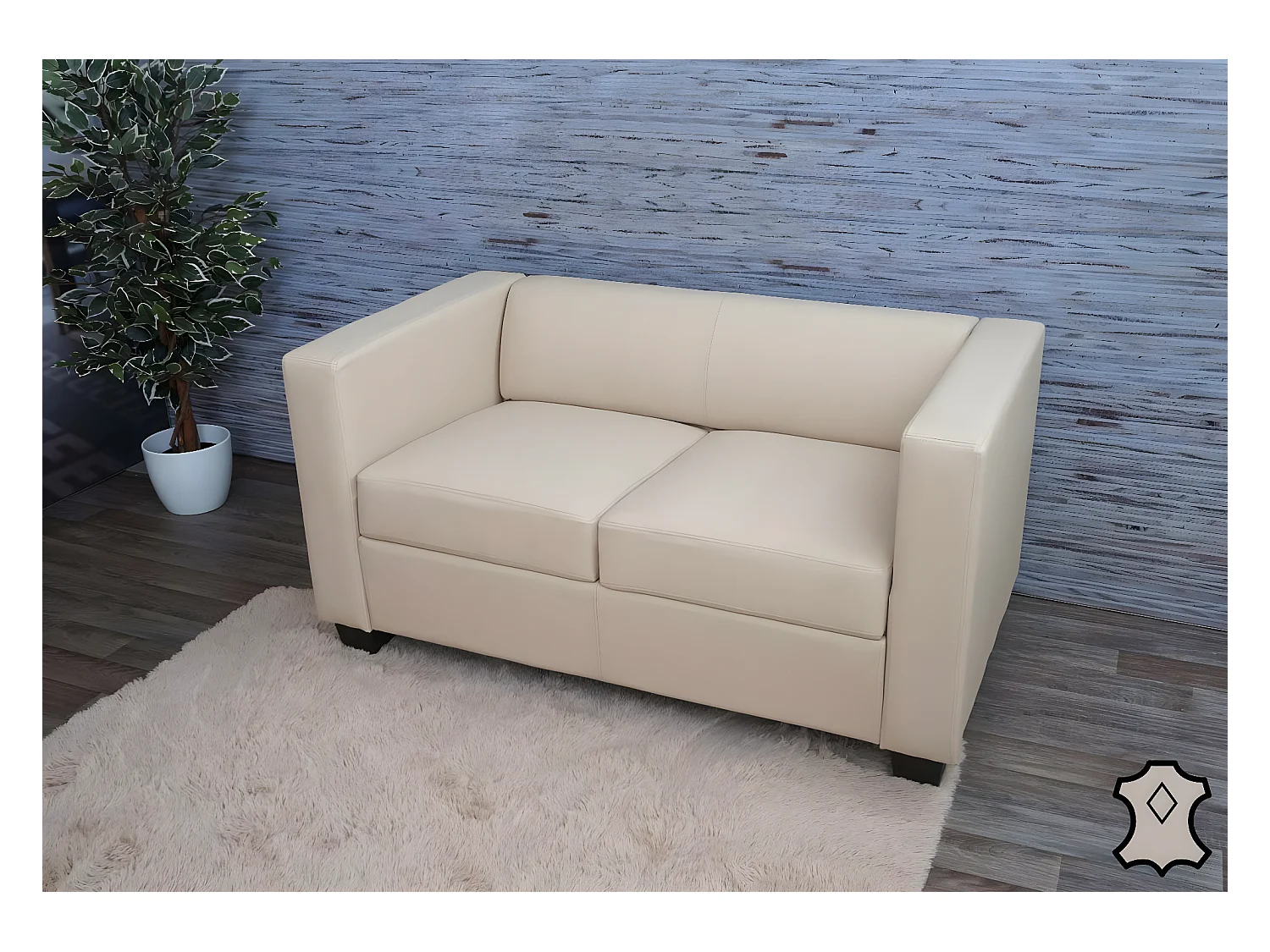 Canapé / sofa Lille, 2 places, 137x75x70cm, cuir reconstitué, crème