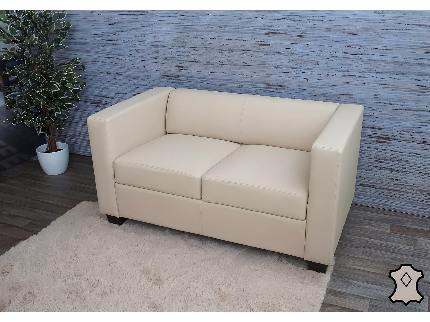 Canapé / sofa Lille, 2 places, 137x75x70cm, cuir reconstitué, crème