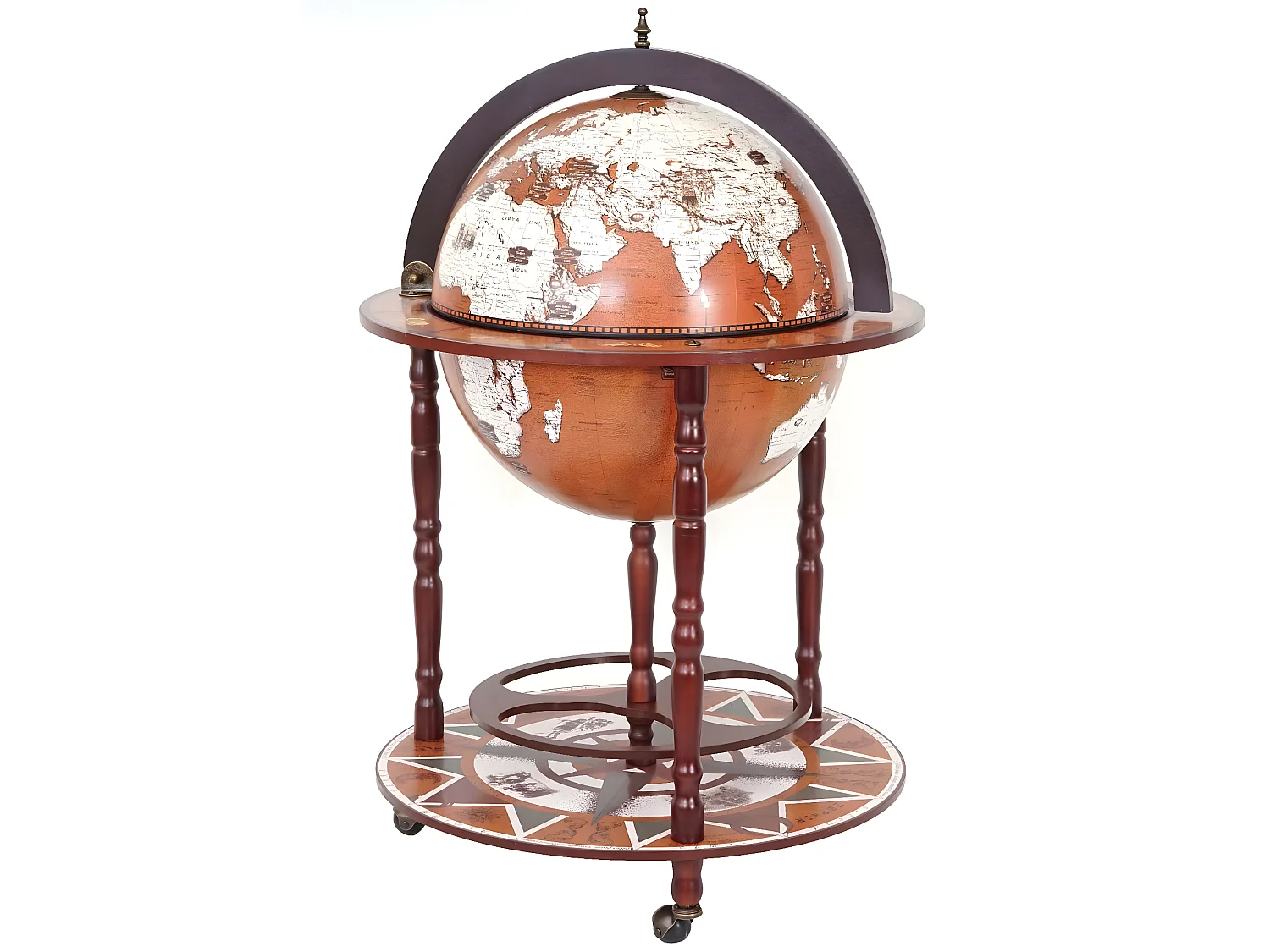 Bar de salon HWC-D86, minibar, étagère de vin, globe terrestre Ø 45cm, roulant, bois d'eucalyptus