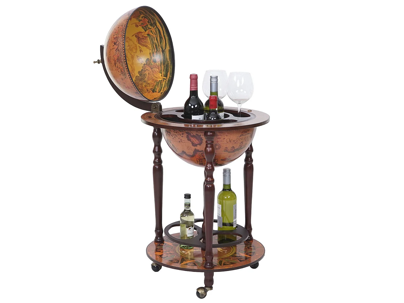 Mini bar portabottiglie carrello con ruote mappamondo decorativo HWC-T874 elegante
