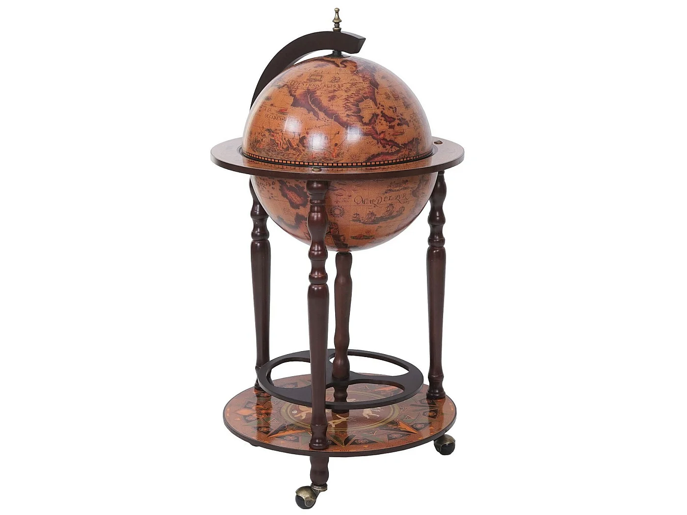 Mini bar portabottiglie carrello con ruote mappamondo decorativo HWC-T874 elegante