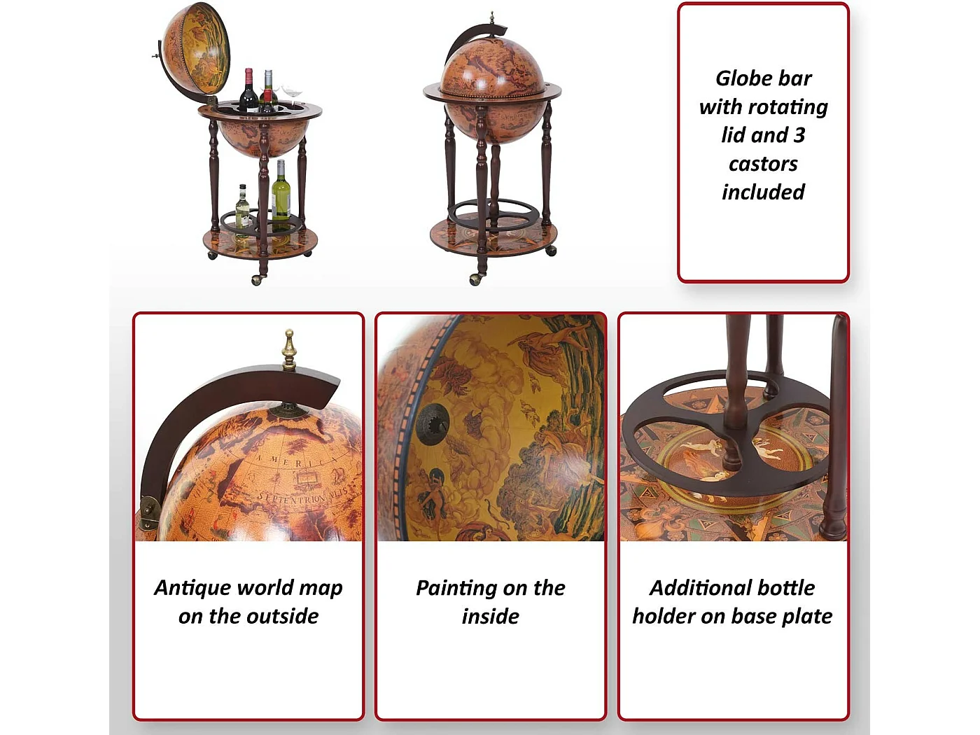 Mini bar portabottiglie carrello con ruote mappamondo decorativo HWC-T874 elegante