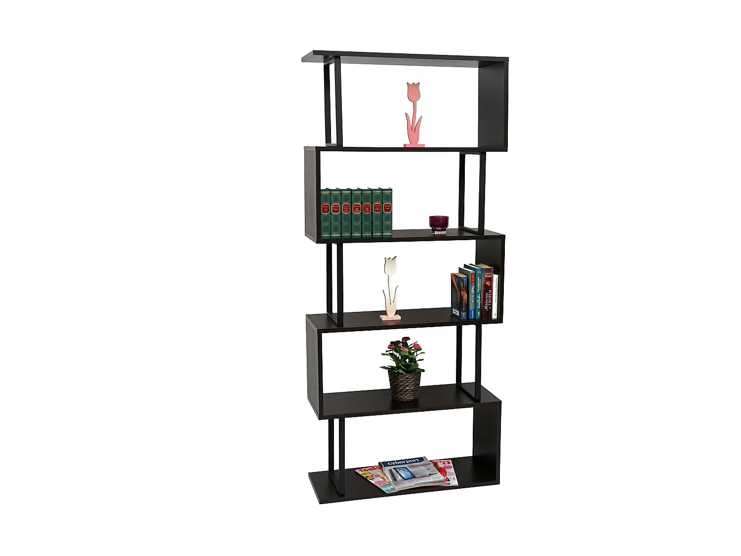 Bibliothèque HWC-A27, étagère de salon, structure 3D 183x80cm, 5 niveaux - marron foncé, métal noir