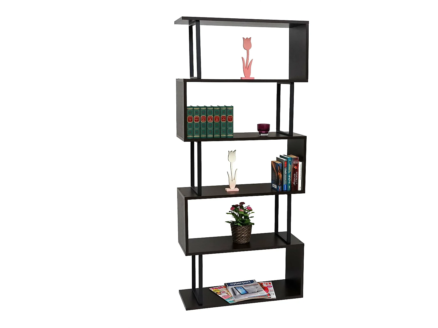 Bibliothèque HWC-A27, étagère de salon, structure 3D 183x80cm, 5 niveaux - marron foncé, métal noir