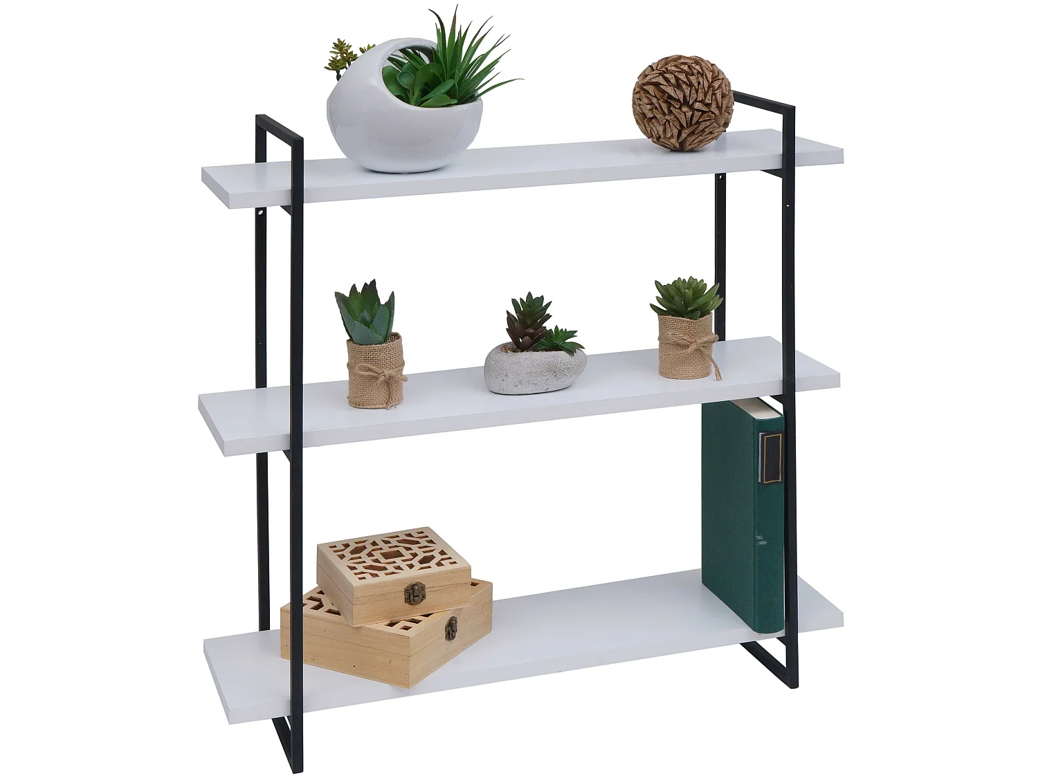 Etagère murale HWC-K78 - étagère suspendue - 3 étagères en métal massif-bois industriel 60x60x18cm - blanc - métal noir