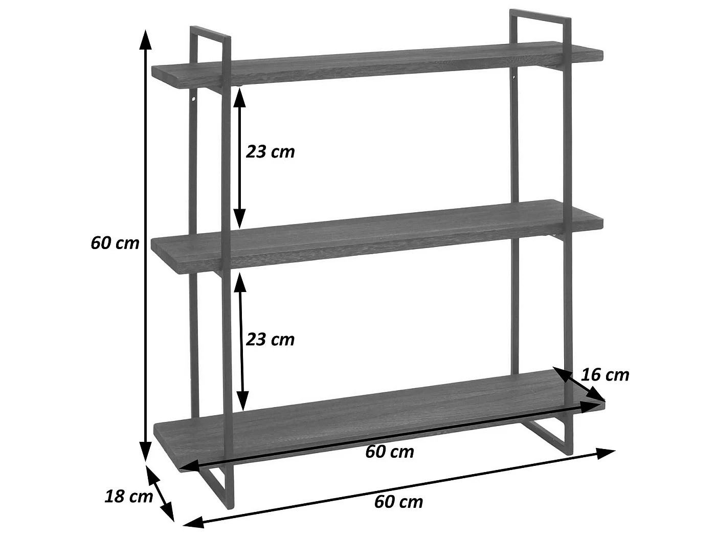 Etagère murale HWC-K78 - étagère suspendue - 3 étagères en métal massif-bois industriel 60x60x18cm - blanc - métal noir