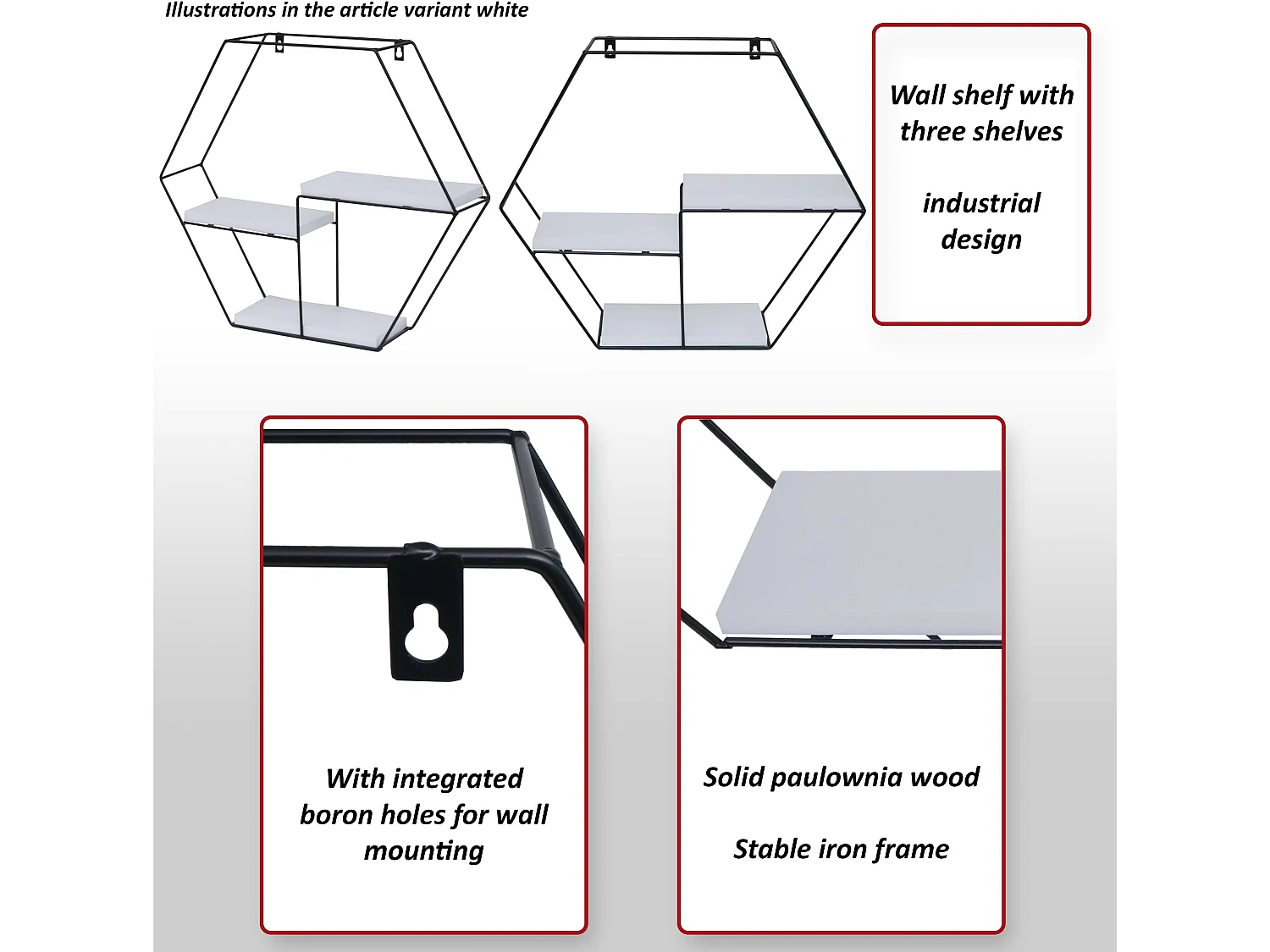 Étagère murale HWC-K76 - Étagère suspendue Étagère flottante - 3 étagères Métal massif-bois industriel 43x49x11cm - gris foncé