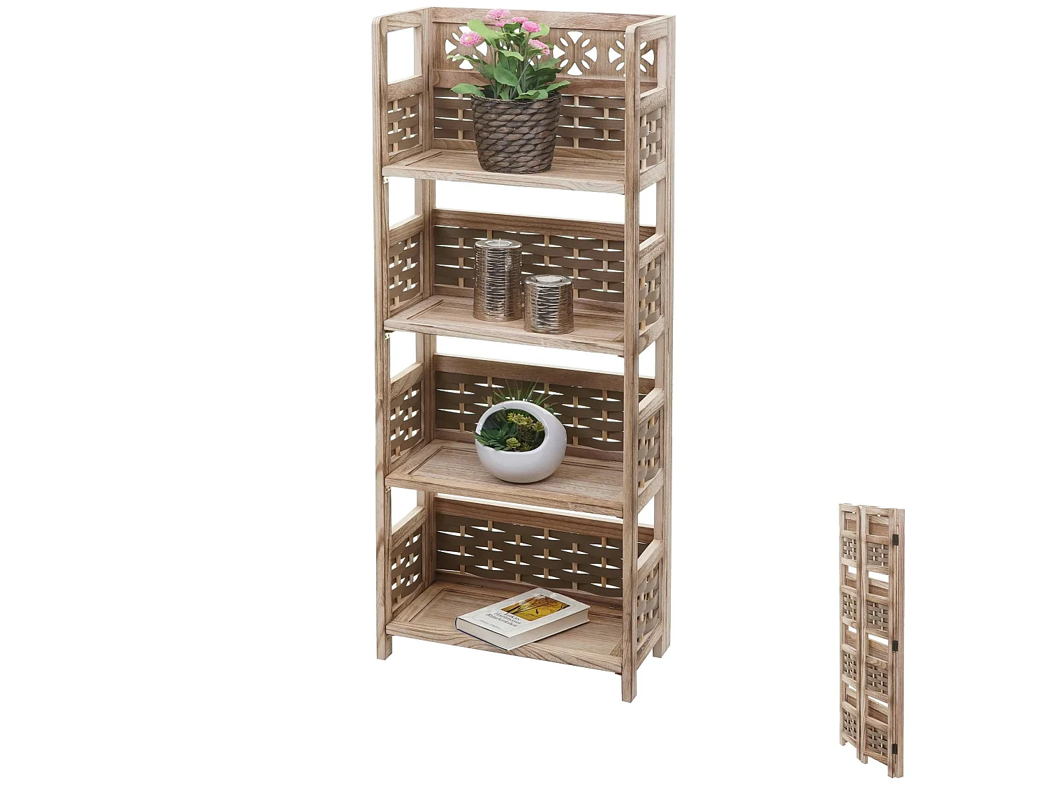 Mendler Scaffale Pieghevole HWC-K86 In Legno Paulonia E Polyrattan, 4 Ripiani, Marrone, 110x43x23 Cm - copertina