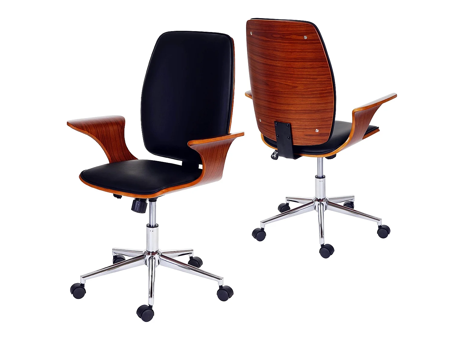 Fauteuil de bureau Alta, fauteuil directorial, chaise pitovante, bois courbé, similicuir noir