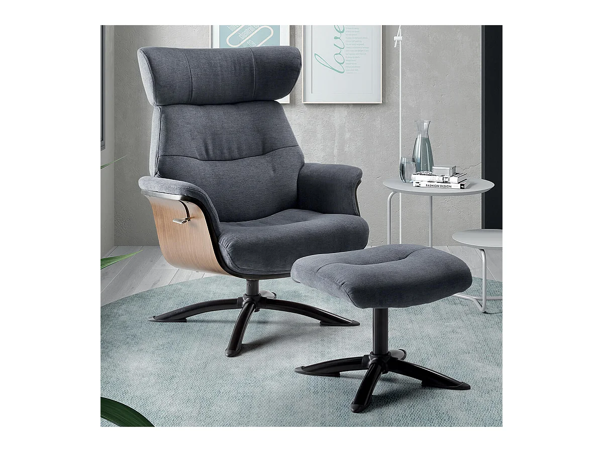 OBANOS - Fauteuil Inclinable + Repose-Pieds Gris Bleu