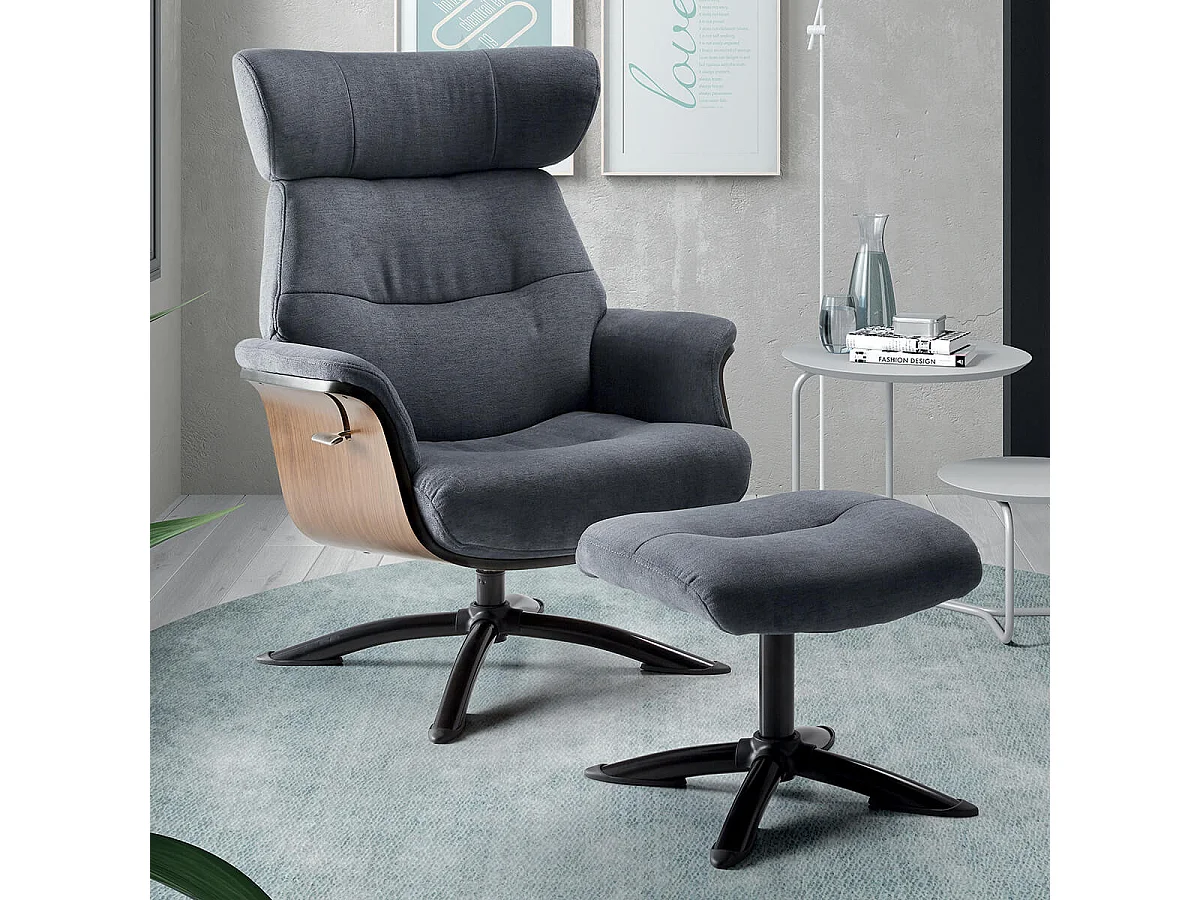 OBANOS - Fauteuil Inclinable + Repose-Pieds Gris Bleu