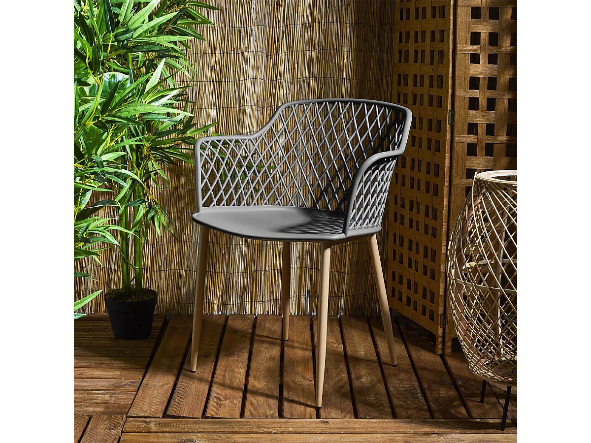 TRESSIE - Lot de 4 Fauteuils Gris Pieds Effet Bois Verni