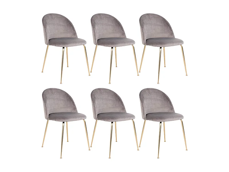 MEYRIN - Lot de 6 Chaises Velours Gris et Pieds Métal Doré