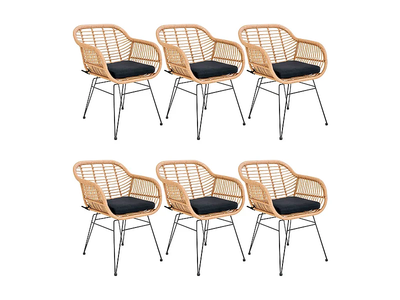 PILA - Lot de 6 Fauteuils Rotin Synthétique Naturel et Pieds Acier