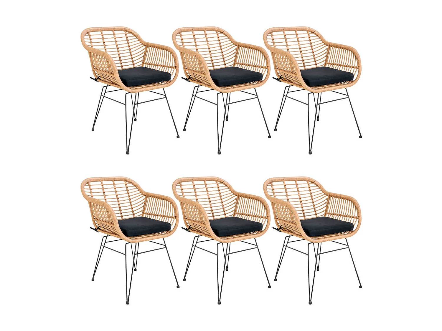 PILA - Lot de 6 Fauteuils Rotin Synthétique Naturel et Pieds Acier