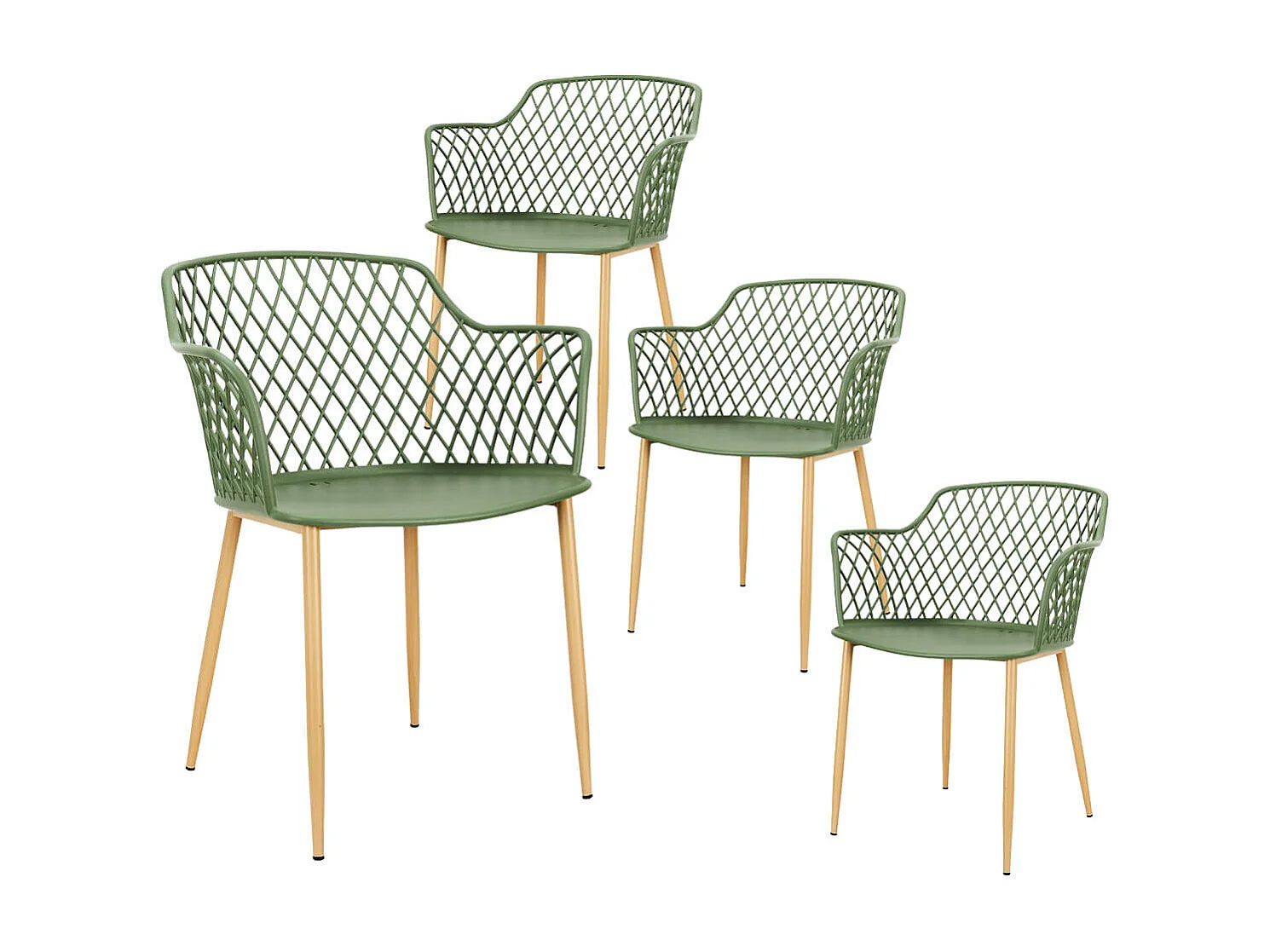 TRESSIE - Lot de 4 Fauteuils Verts Pieds Effet Bois Verni