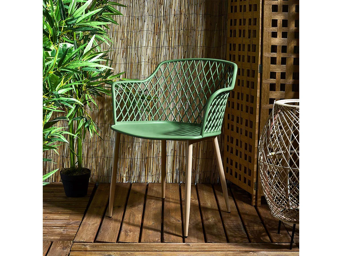 TRESSIE - Lot de 4 Fauteuils Verts Pieds Effet Bois Verni