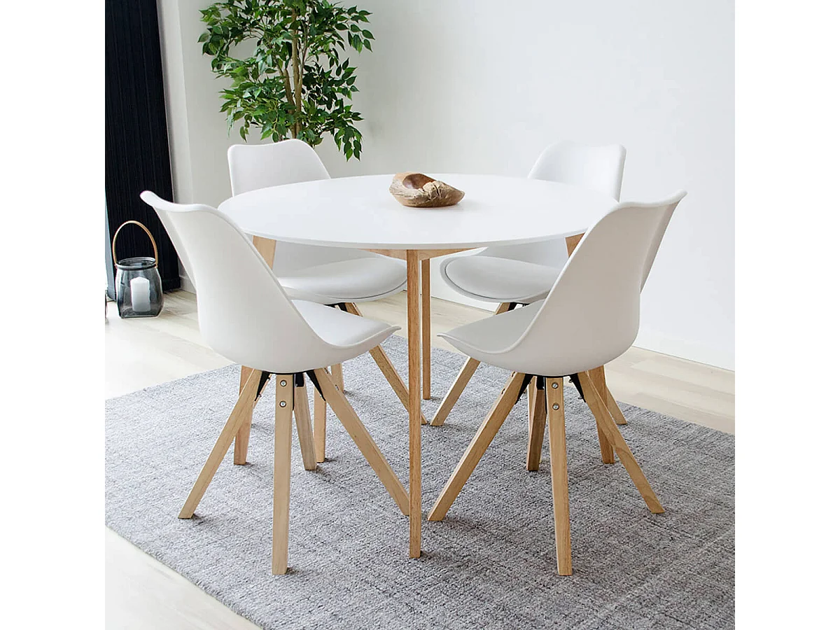 NIBBEN - Lot de 4 Chaises Blanches et Piétement Hévéa