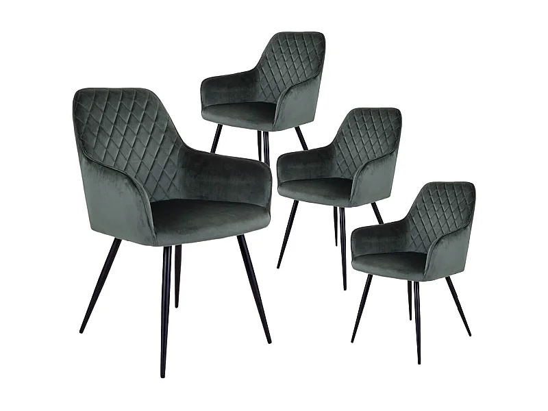VIBY - Lot de 4 Fauteuils Velours Vert et Piétement Acier Noir