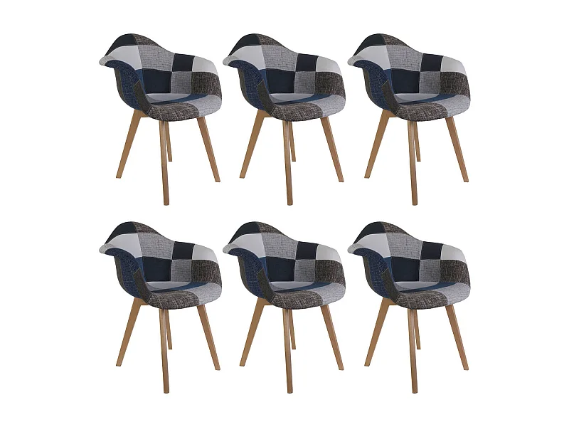 DAMAS - Lot de 6 Fauteuils Patchwork Bleu et Gris