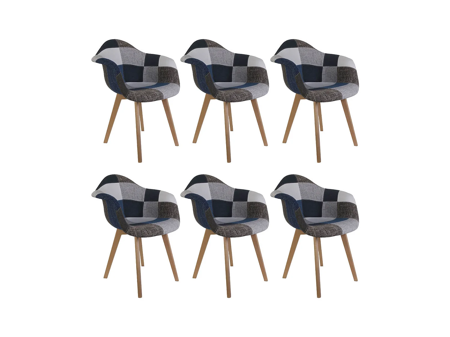 DAMAS - Lot de 6 Fauteuils Patchwork Bleu et Gris