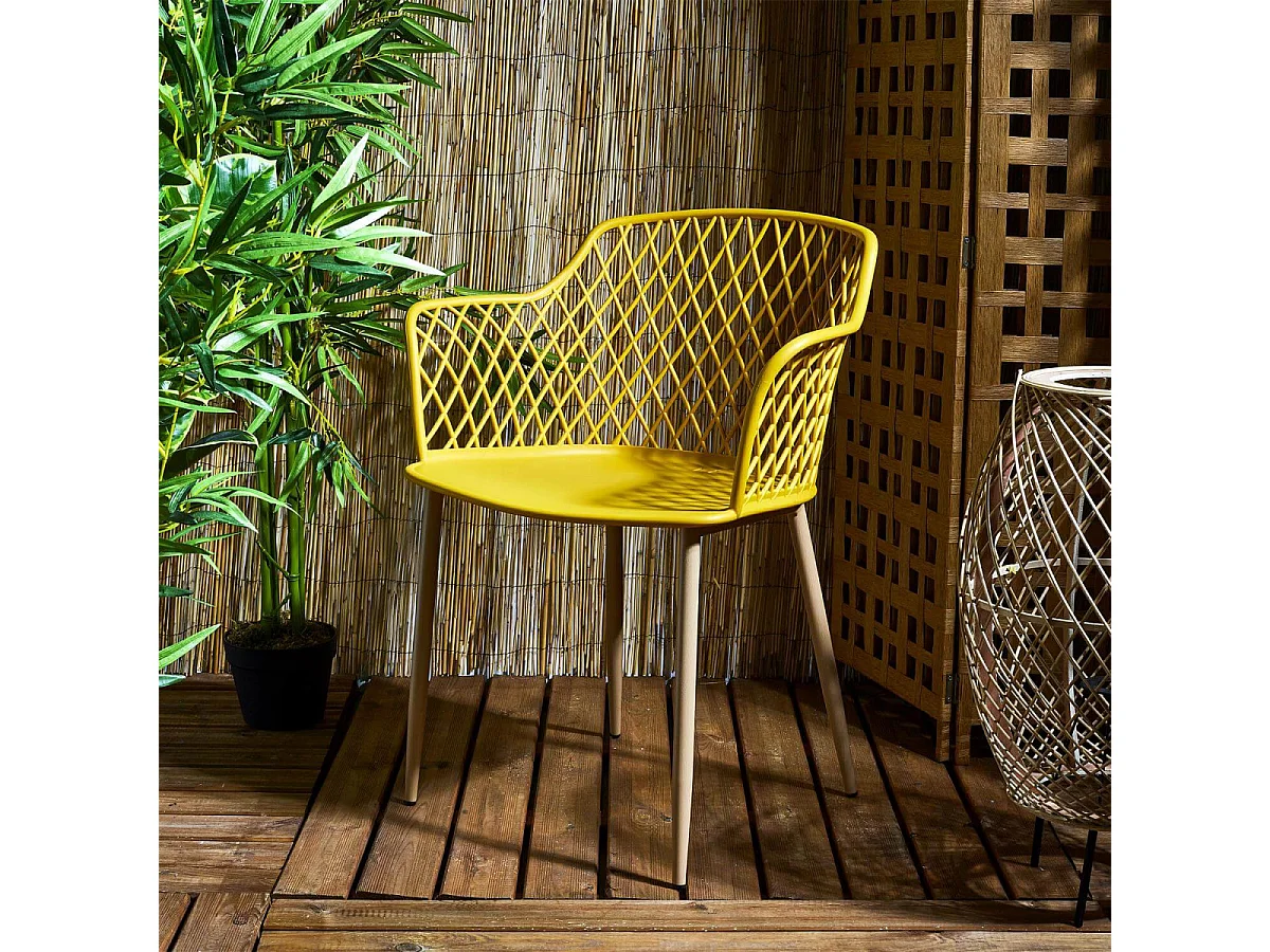 TRESSIE - Lot de 4 Fauteuils Jaunes Pieds Effet Bois Verni