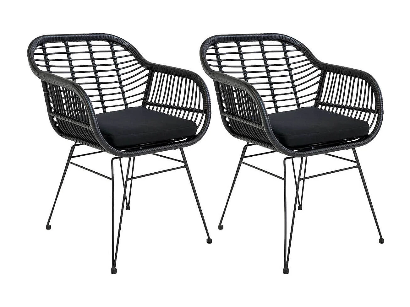 PILA - Lot de 2 Fauteuils Rotin Synthétique Noir et Pieds Acier
