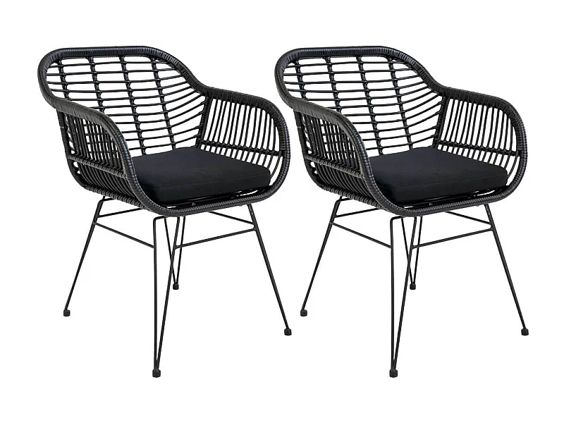 PILA - Lot de 2 Fauteuils Rotin Synthétique Noir et Pieds Acier