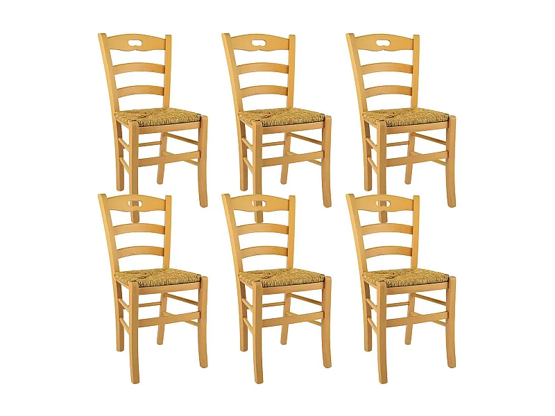 SUZY - Lot de 6 Chaises Naturelles et Assises en Paille