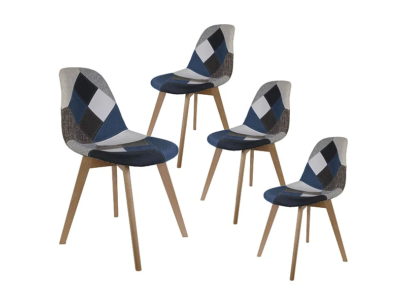 DAMAS - Lot de 4 Chaises Patchwork Bleu et Gris