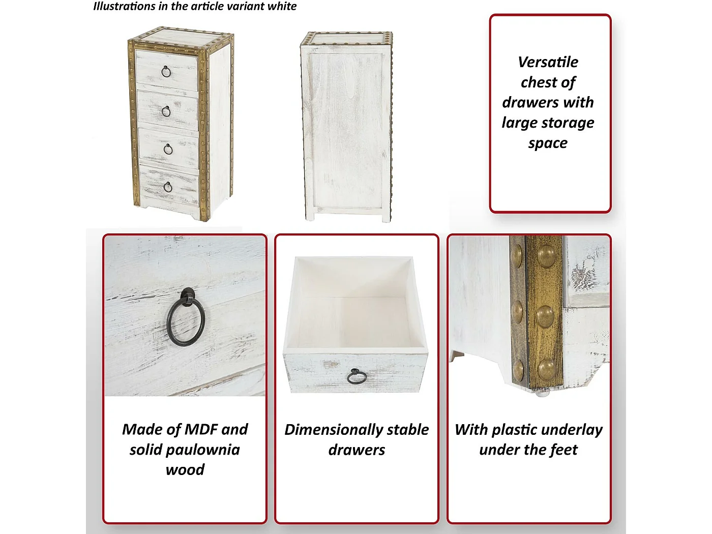 Commode Duran, commode à tiroirs, armoire, 4 tiroirs, style shabby, vintage 70x33x26cm - blanc