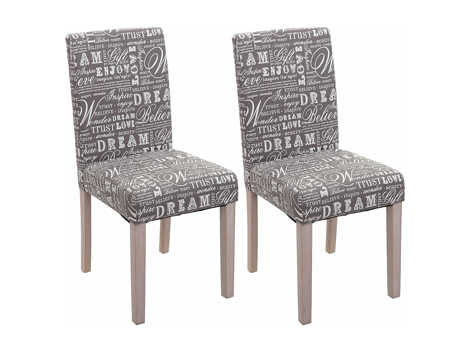 2x Chaise de salle à manger Littau, Chaise de cuisine - Textile avec écriture, Gris - Chêne