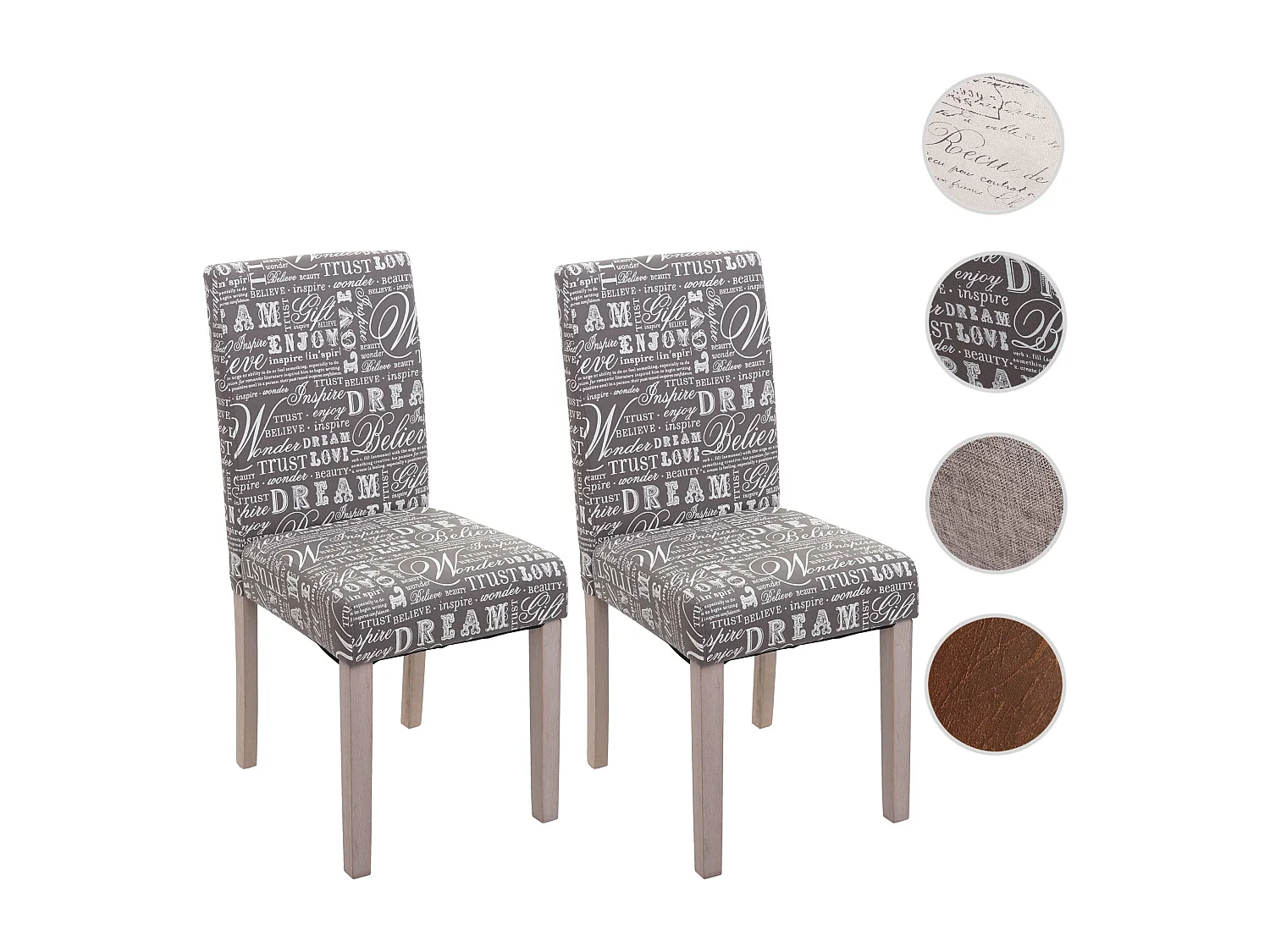 2x Chaise de salle à manger Littau, Chaise de cuisine - Textile avec écriture, Gris - Chêne