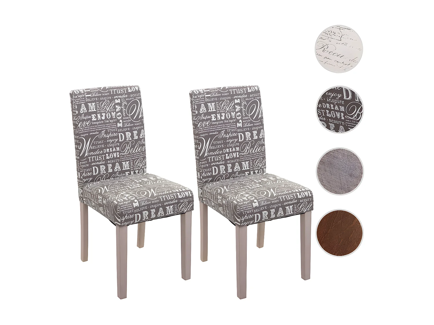 2x Chaise de salle à manger Littau, Chaise de cuisine - Textile avec écriture, Gris - Chêne