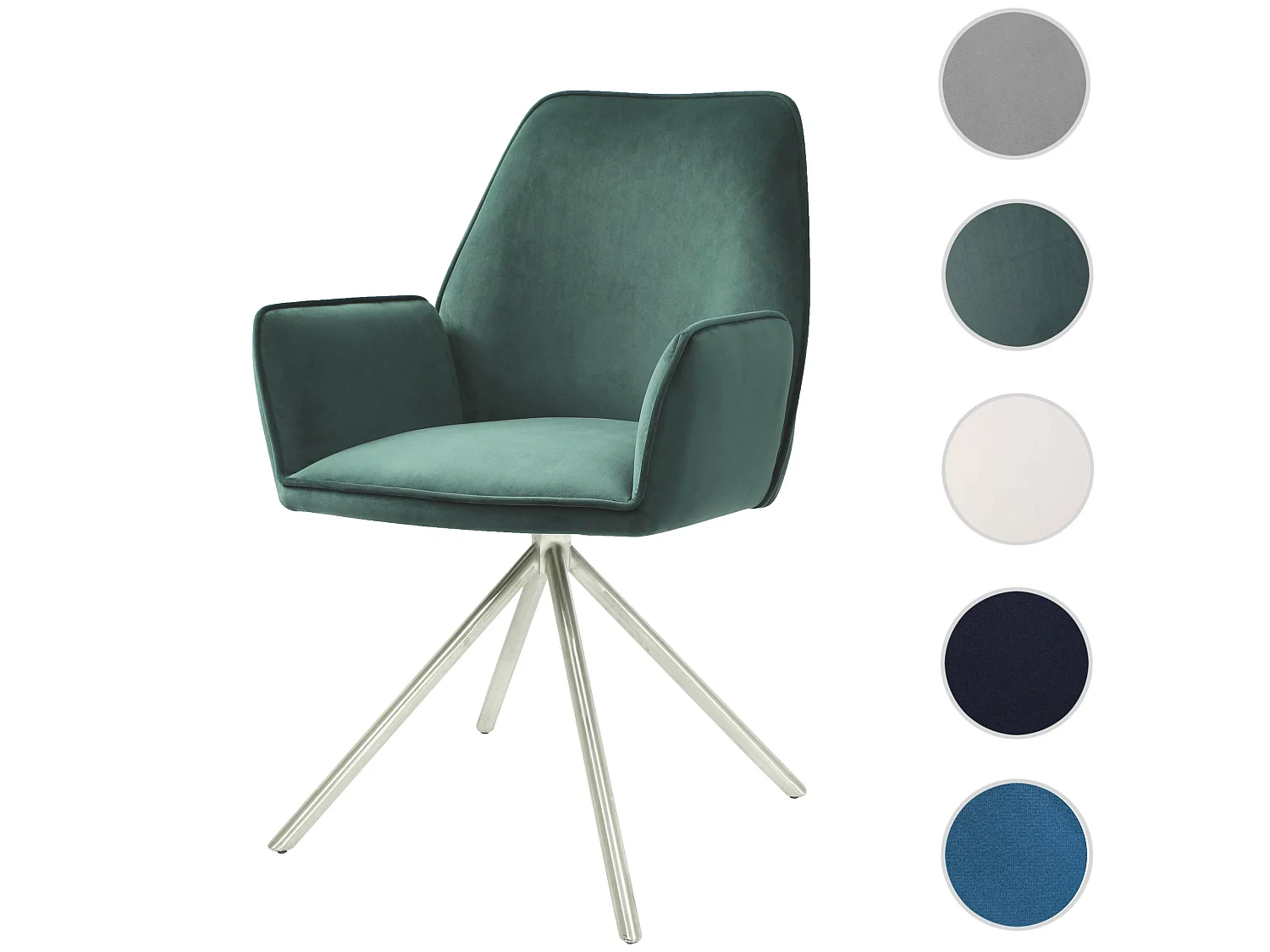 Chaise de salle à manger HWC-G67, chaise de cuisine avec accoudoirs, pivotante velours ~ vert, inox