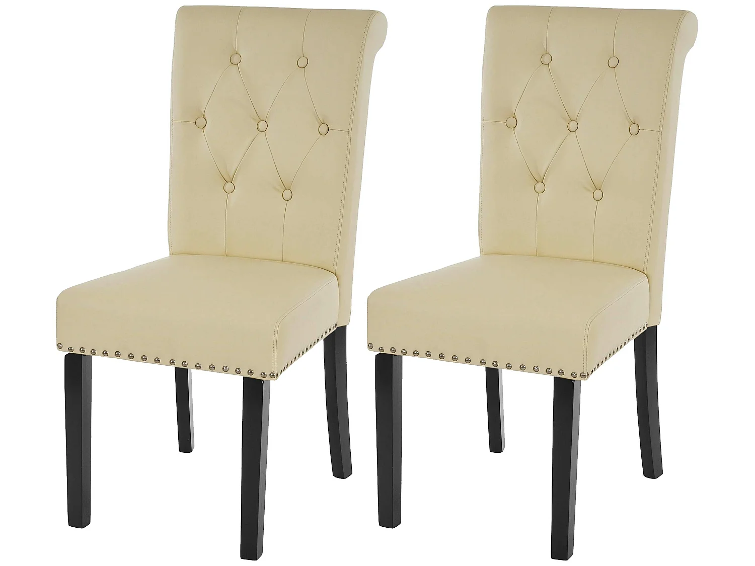 2x chaise de salle à manger Chesterfield II, fauteuil avec rivets, similicuir crème, pieds foncés