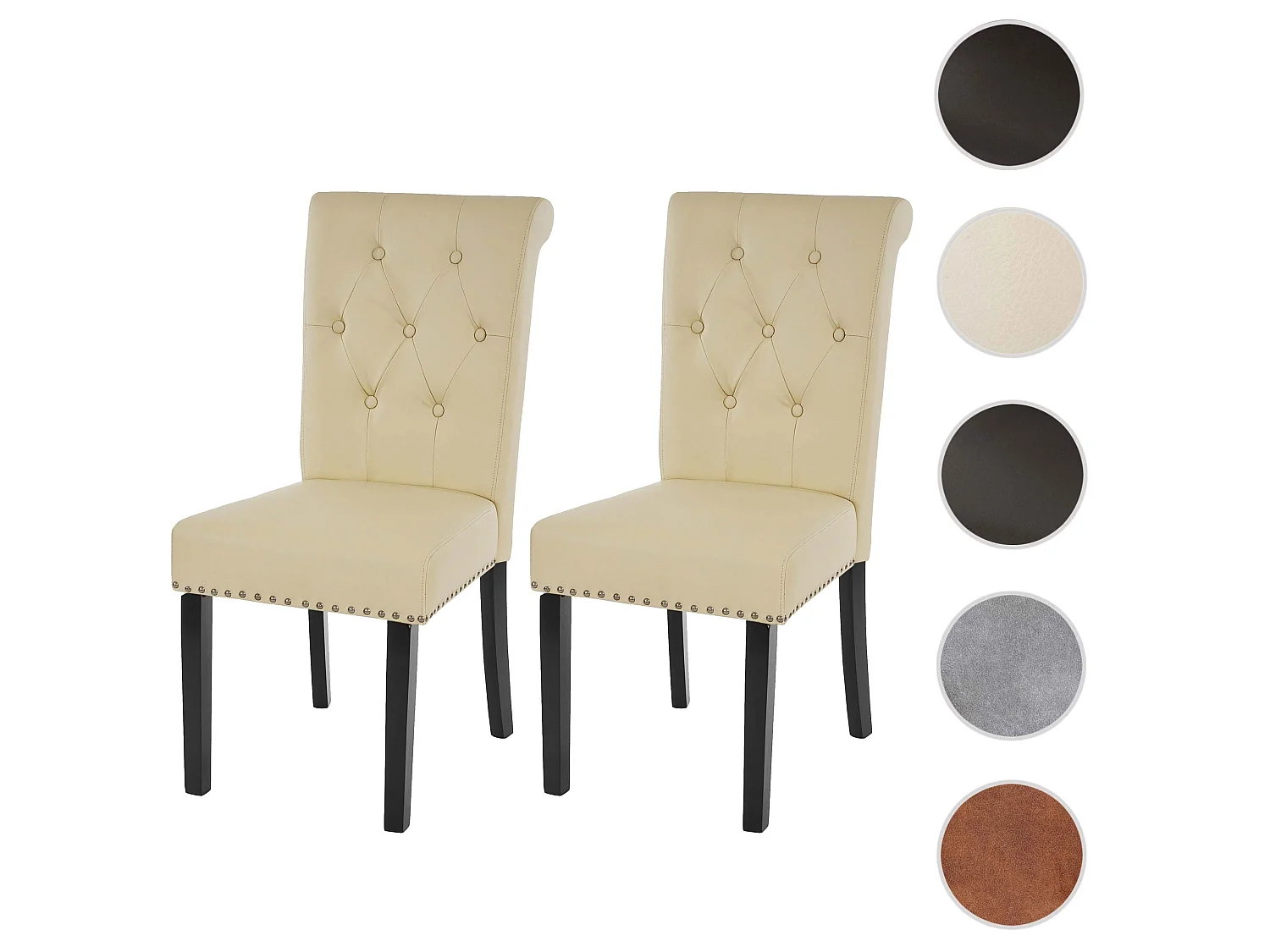 2x chaise de salle à manger Chesterfield II, fauteuil avec rivets, similicuir crème, pieds foncés