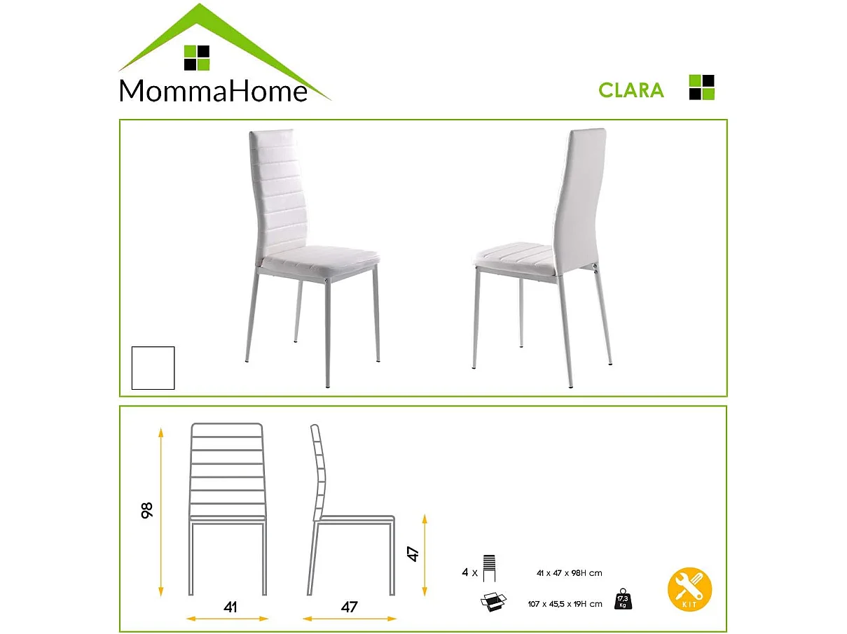 Set de 4 sillas de comedor - Polipiel Blanco, 41x47x98 cm - CLARA