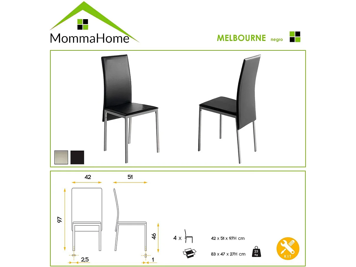 Set de 4 sillas de comedor - Polipiel Negro, 42x51x97 cm - MELBOURNE
