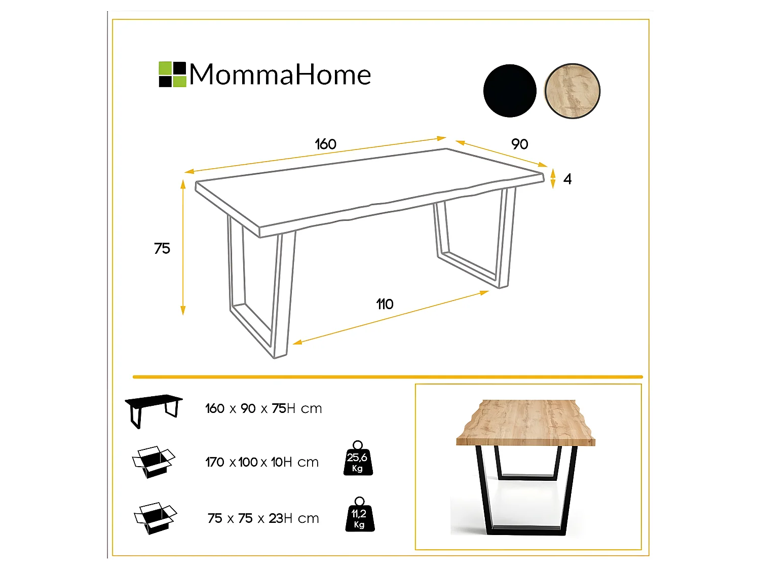 Mesa de comedor fija - MDF Roble rústico, 160x90x76 cm - ALASKA