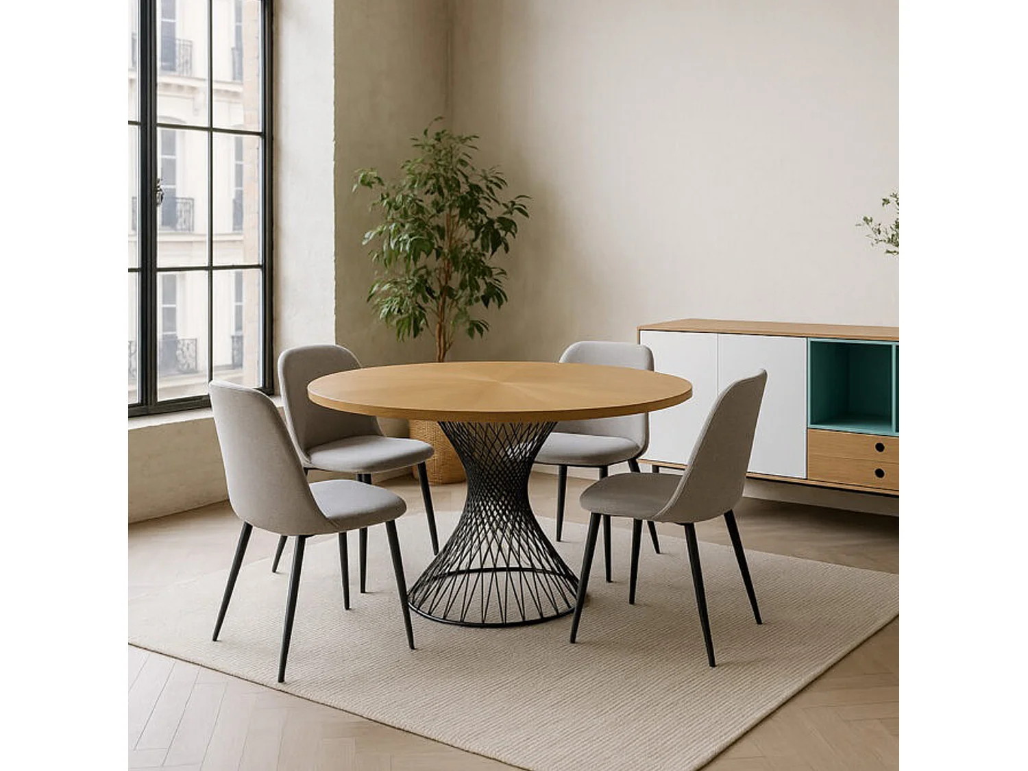 Mesa de comedor redonda -MDF y chapa natural de Roble, Ø137x76 cm - SINKI