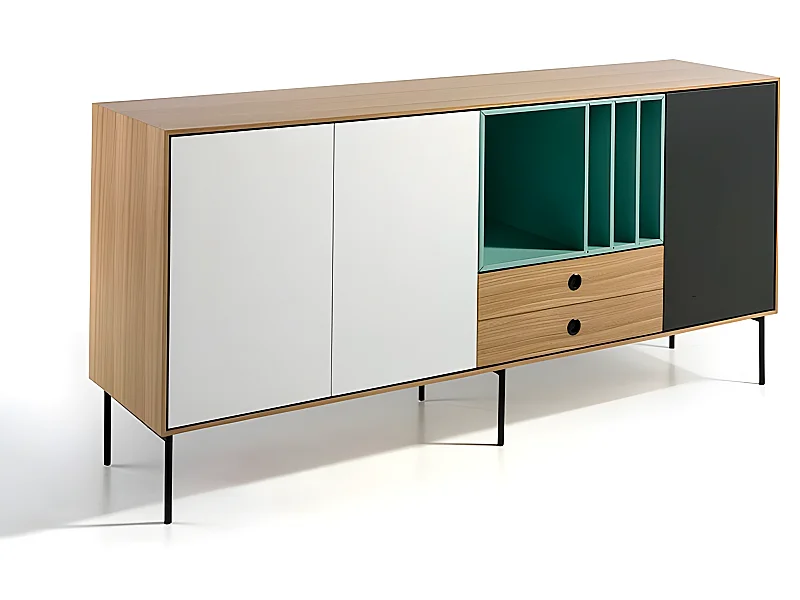 Aparador - MDF Roble, turquesa y gris, 180x44x85 cm - LIKE