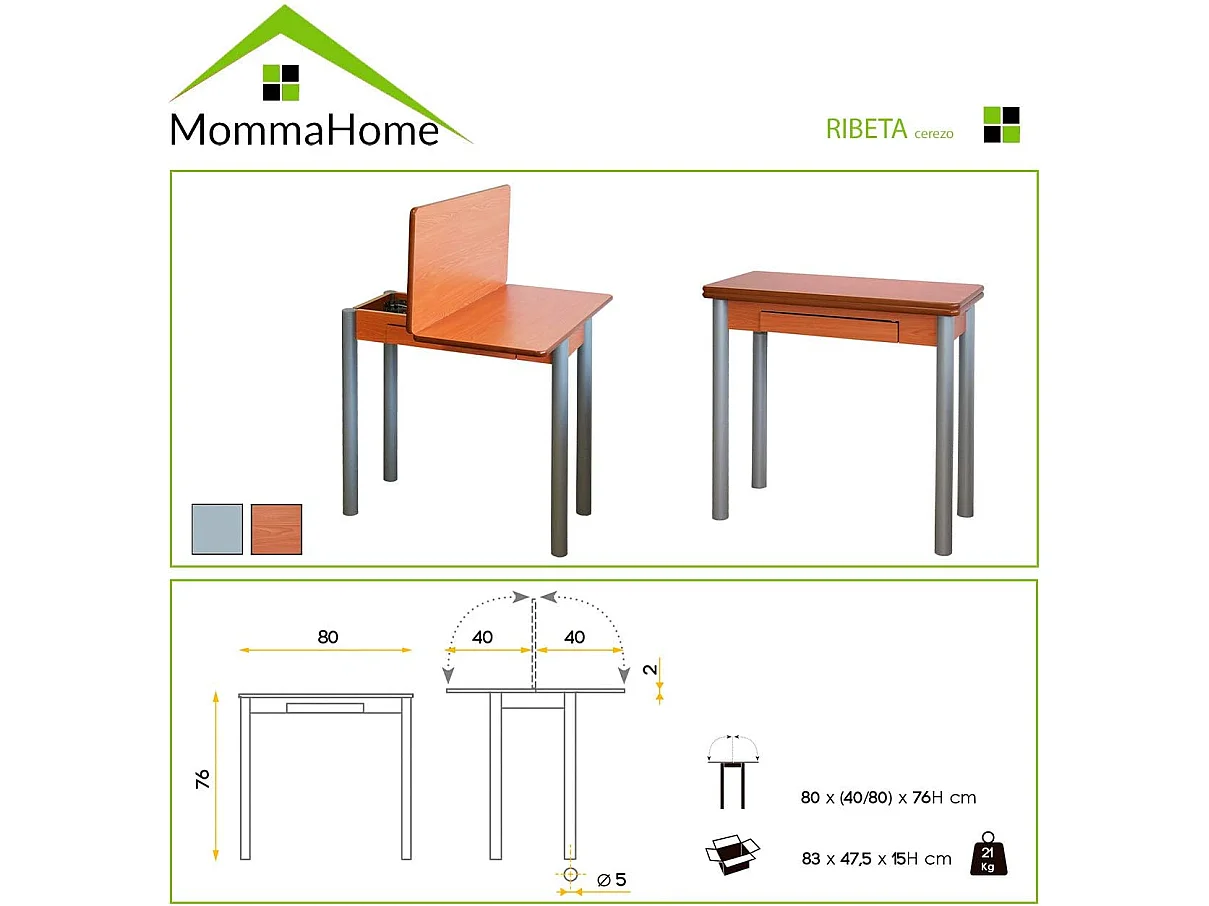 Mesa de cocina extensible - MDF Cerezo, 80x40/80x76 cm - RIBETA
