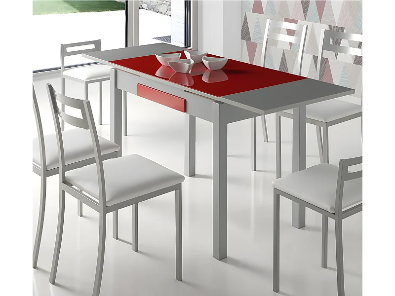 Mesa de cocina extensible - MDF y cristal Rojo, 100/160x60x76 cm - TETRA